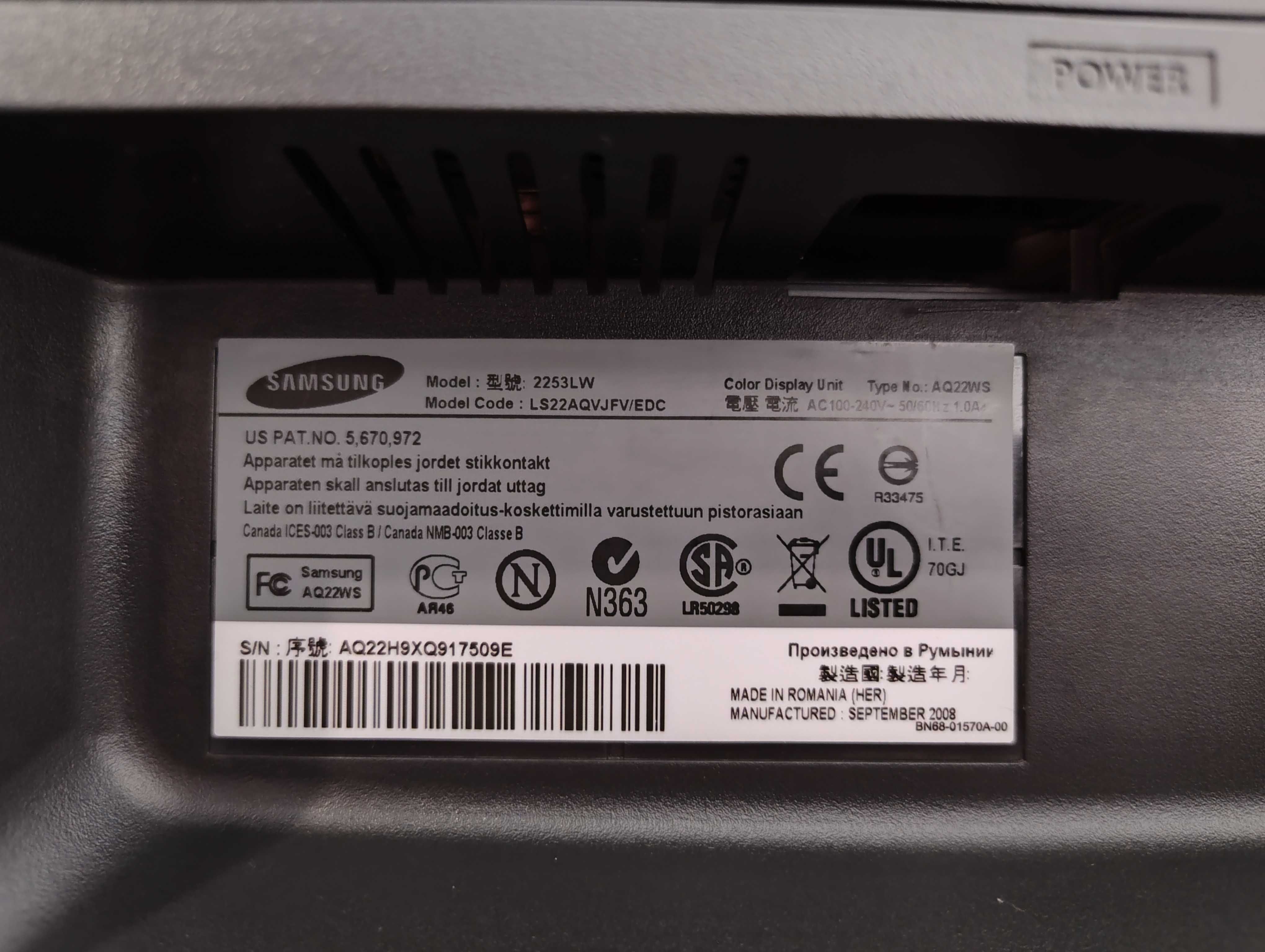 Monitor Samsung 2253LW 1680 x 1050 22" DVI VGA LCD
