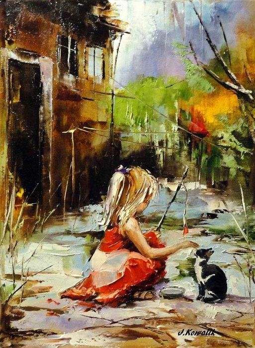 Kowalik - " Zabawa " - 30x40cm Obraz Olejny Kotek Dziewczynka