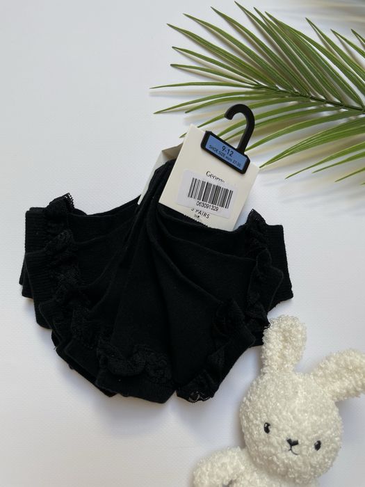 27-30 George UK9-12 5pak czarne bawełniane skarpety z falbanką koronka