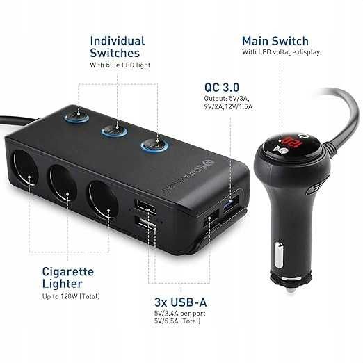 CABLE MATTERS zasilacz samochodowy  Z 3 gniazdami  4 porty USB I LED