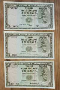 Lote de 3 de Notas Unc. de 20$ - 1967 - Timor - Números Seguidos