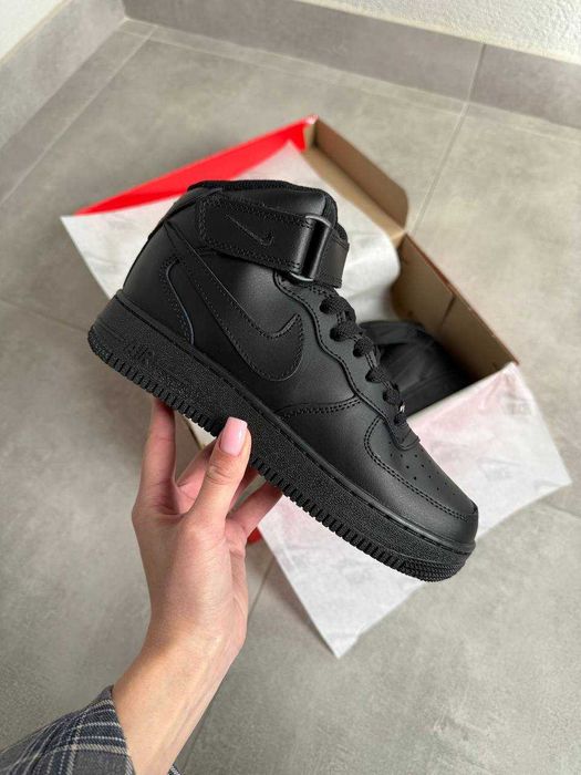 Nike Air Force 1 Mid Black Fur, найк форси чорні високі на хутрі