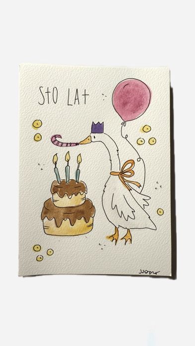 Kartka urodzinowa urodiznu gęś korona tort balon boho prezent