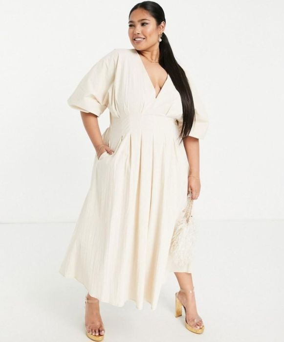 Asos Edition beżowa rozkloszowana sukienka midi kieszenie r. 46