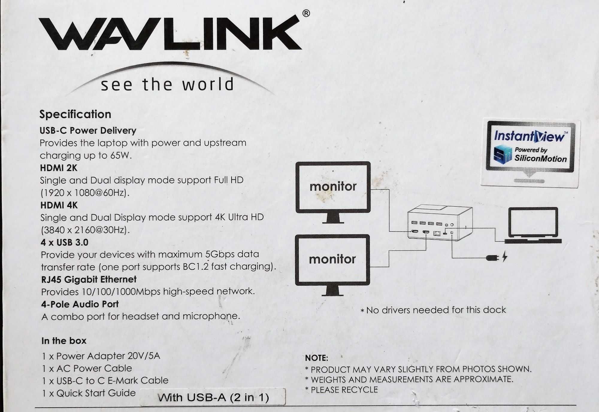 Stacja dokująca WAVLINK USB C z ładowaniem 65W  WL-UG76PD2