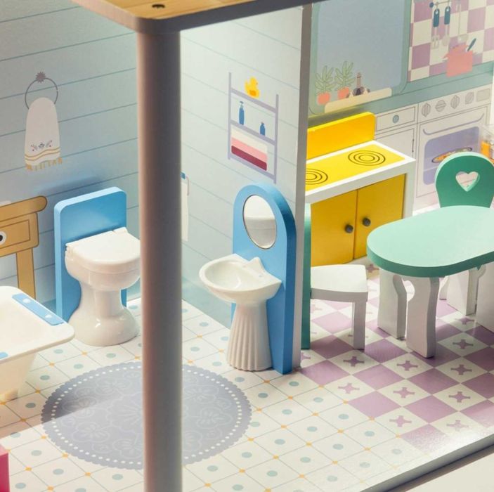 Domek dla Lalek XXL Drewniany z Tarasem i Światłem LED