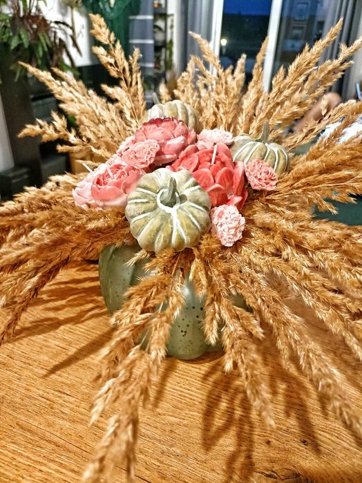 Jesienny stroik z dynią i świecami sojowymi handmade