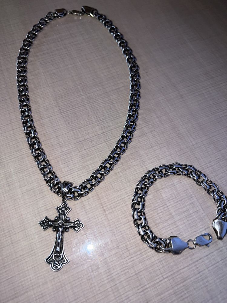 Чоловічий срібний набір, цепочка хрестик та браслет