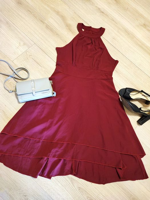 Elegancka bordowa sukienka L 40 wesele dłuższy tył