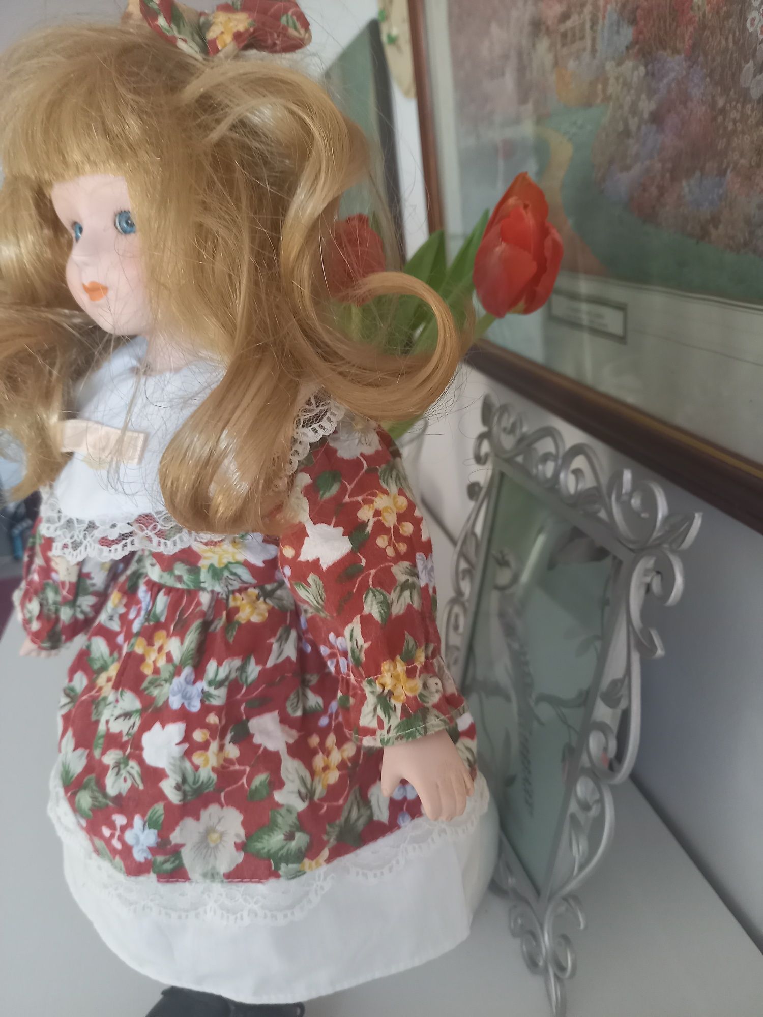 Piękna duża lalka kolekcjonerska porcelanowa blondynka retro