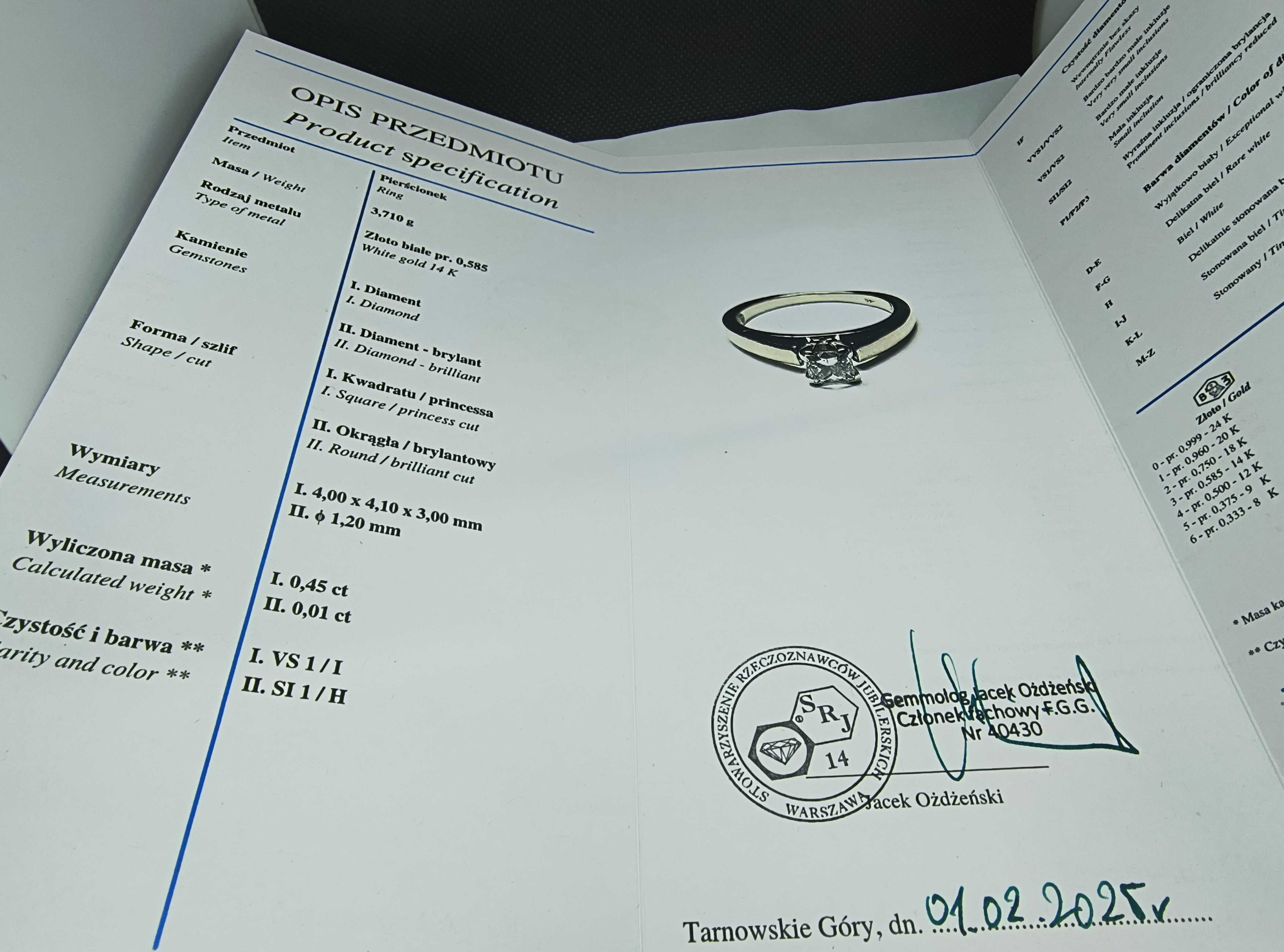 Złoty pierścionek z diamentem 0.45ct VS1/I, certyfikat