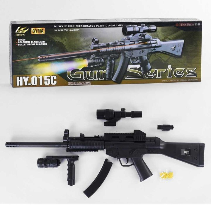 Автомат на пульках 6мм, 77см, 015С, лазер, оптика, фонарик, в коробке