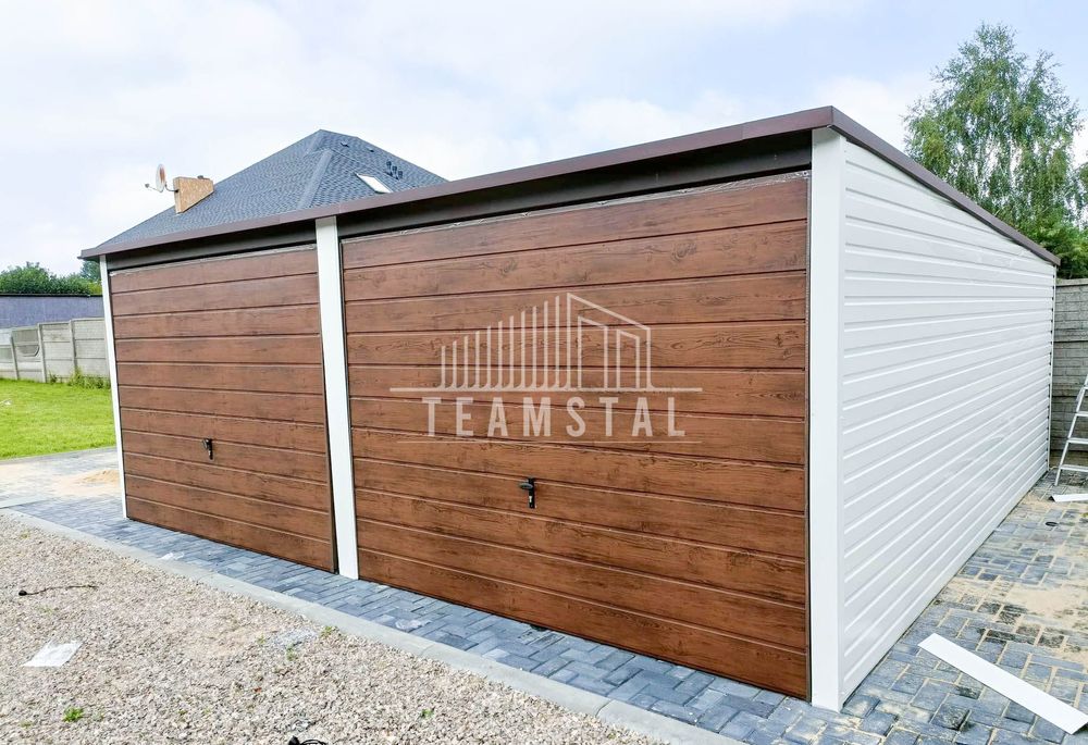 GARAŻ BLASZANY 6m x 6m poziom spad tył 2x Brama  drzwi TS252