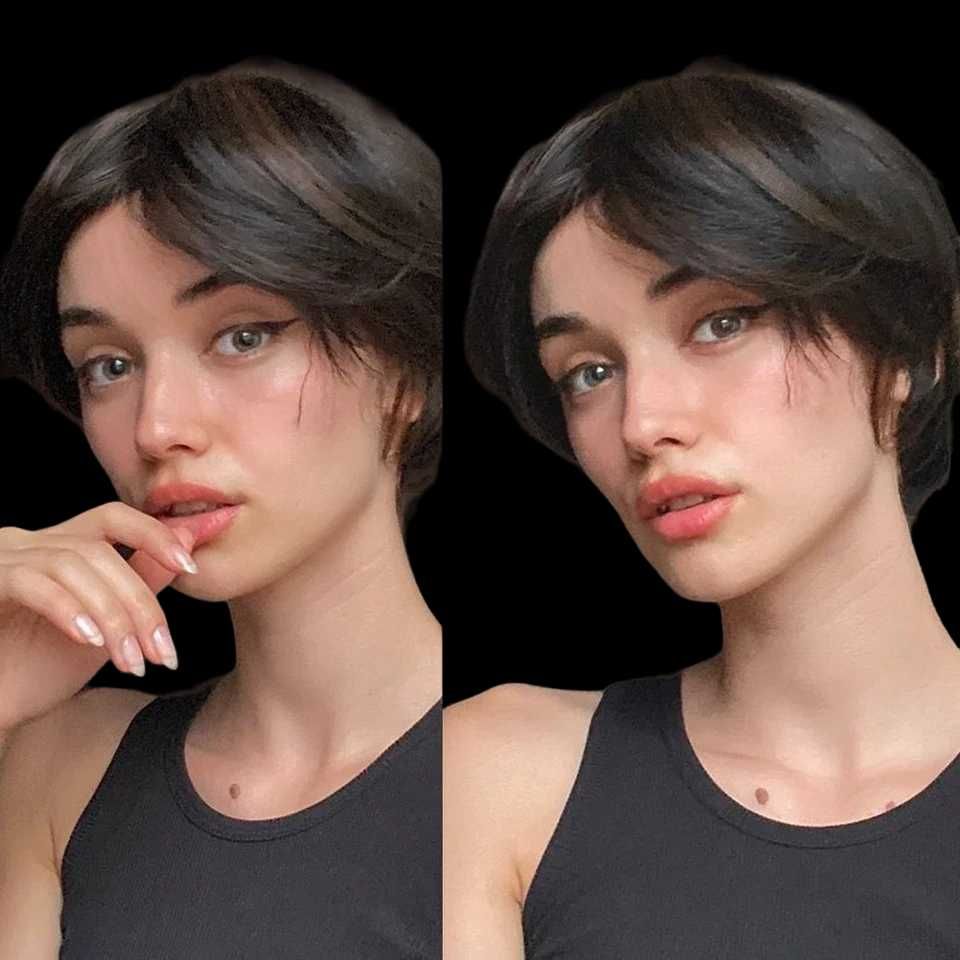 Peruka krótka ciemny brąz refleksy Pixie na co dzień NATURALNY efekt