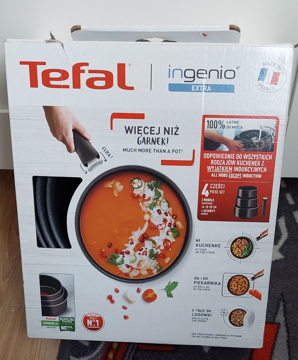 Nowy Tefal Ingenio zestaw 4 elementy: 3 garnki i rączka odpinana