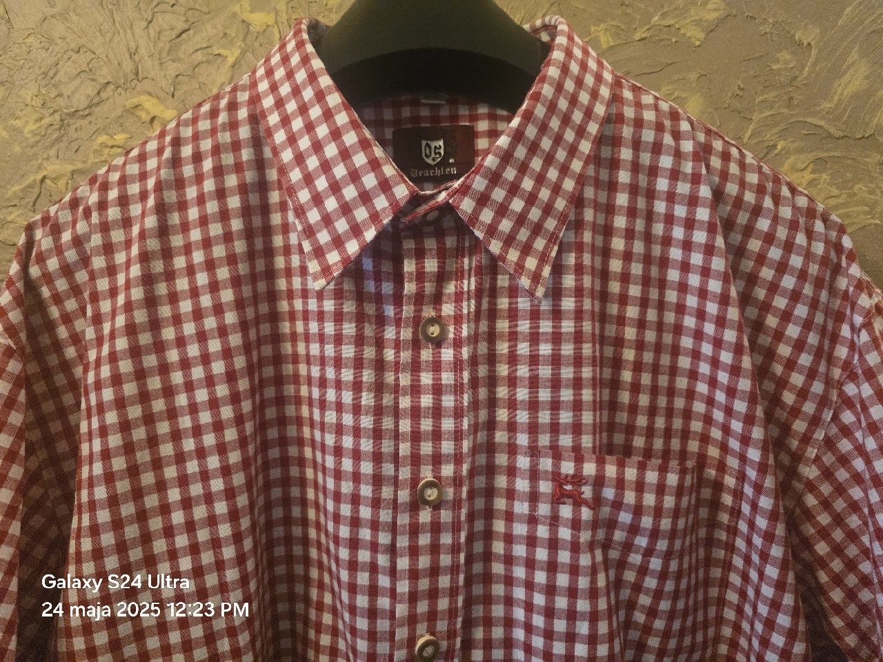 Elegancka niemiecka koszula myśliwska w kratę XXXL. Guziki rogowe.