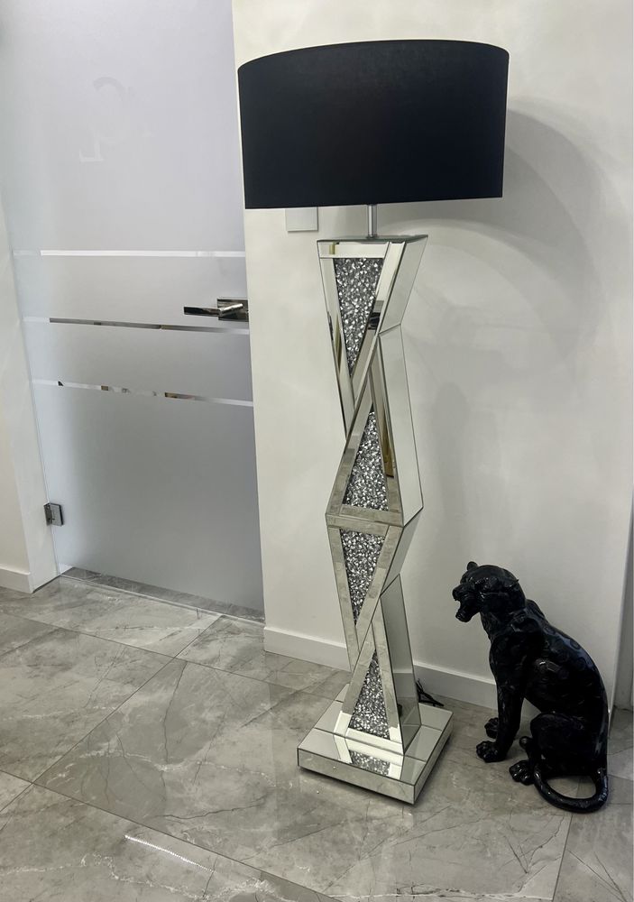 Lampa podłogowa lustrzana z kryształkami Glamour stojąca czarna biała