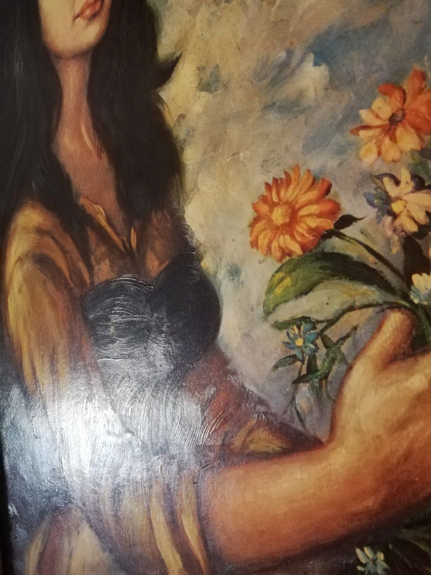 Obraz "Dziewczyna z kwiatami" FIUME antyk, piękna rama, stylowy OKAZJA