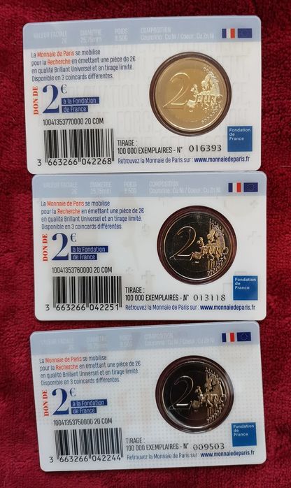 3x Coincard 2 Euro Comemorativa França 2020 - Pesquisa Médica
França :