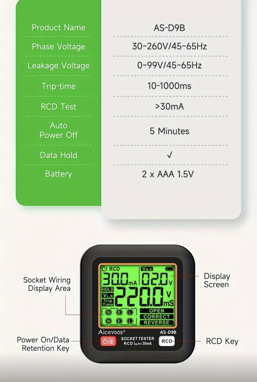Тестер розеток с функцией проверки RCD/GFCI Aicevoos AS-D9B