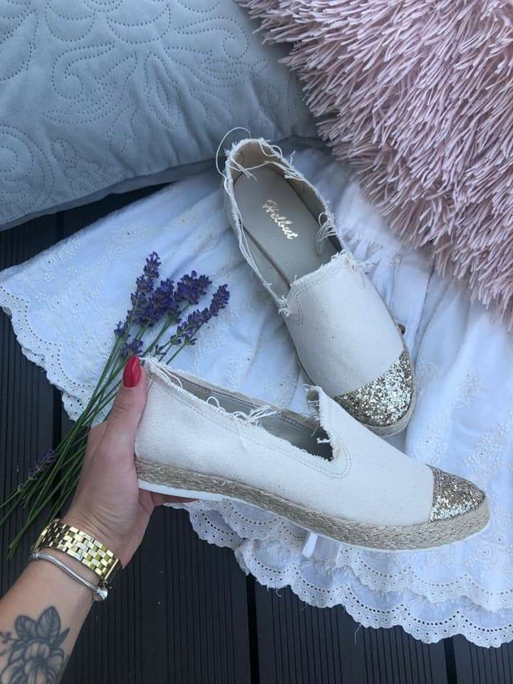 Espadryle brokatowe naturalne len 38 39