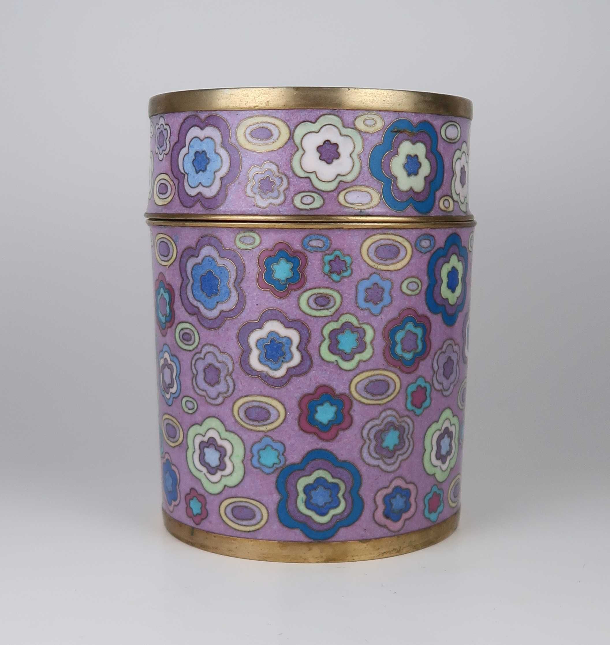 Caixa cilíndrica de chá em cloisonné (estilo Fabienne Jouvin)
