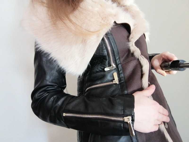 Nowy płaszczyk futro River Island skórzane wstawki