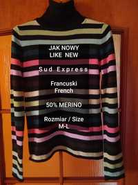 SUD Express  Francuski damski sweter z golfem, 50% Merino, Rozmiar M-L