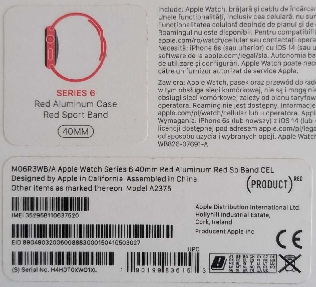 Smartwatch Apple Watch Series 6 40mm GPS + LTE Cellular PRODUCT RED