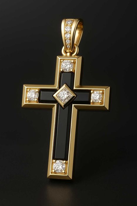 Męski krzyżyk złoty 585 z brylantami i onyksem lapis lazuli Design