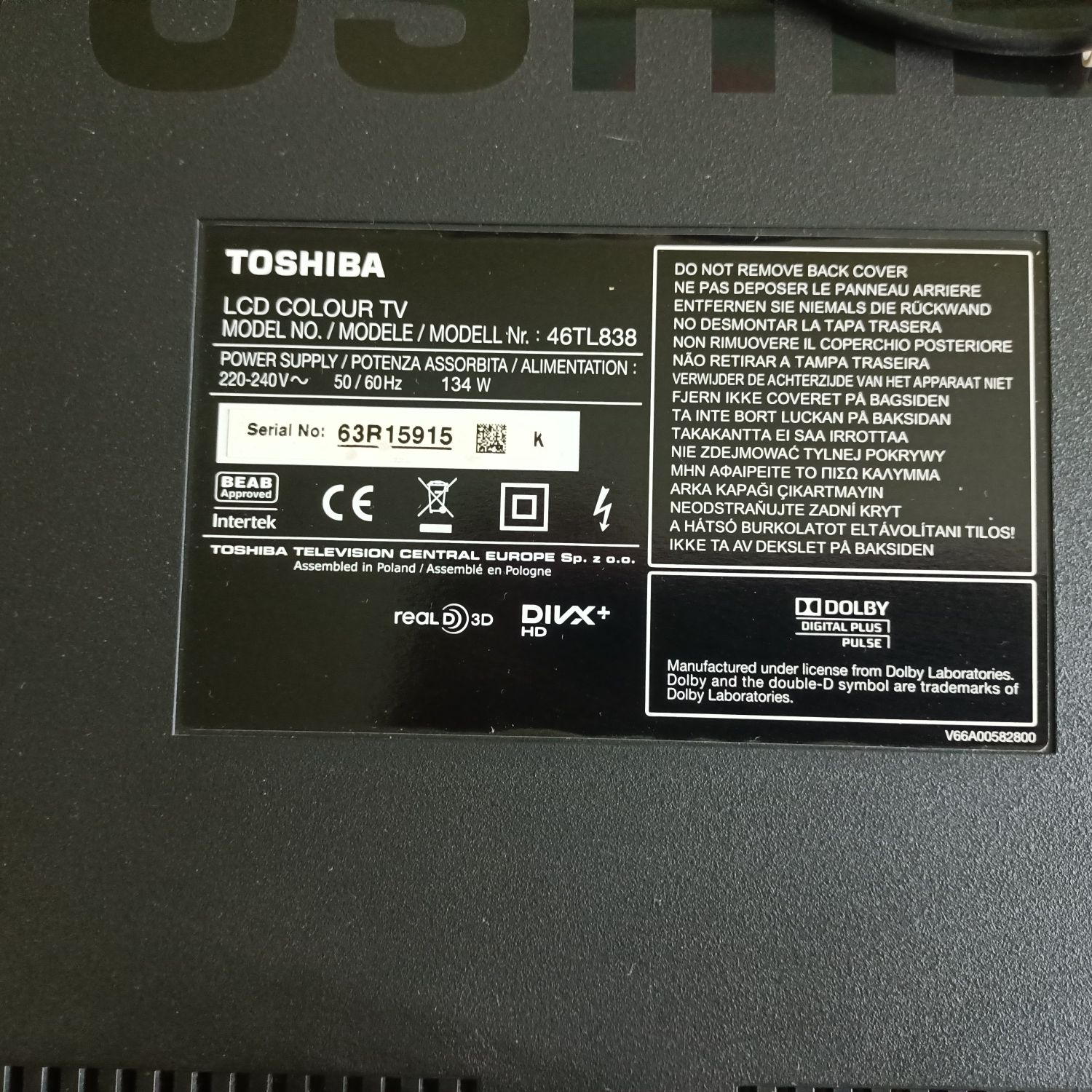 Telewizor Toshiba 46 cali Y-46TL838 LED 3D i okulary 3 szt