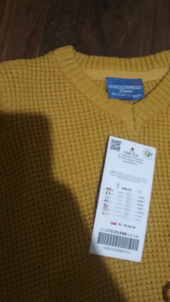 Nowy musztardowy sweter r. 98+3pak skarpet coccodrillo