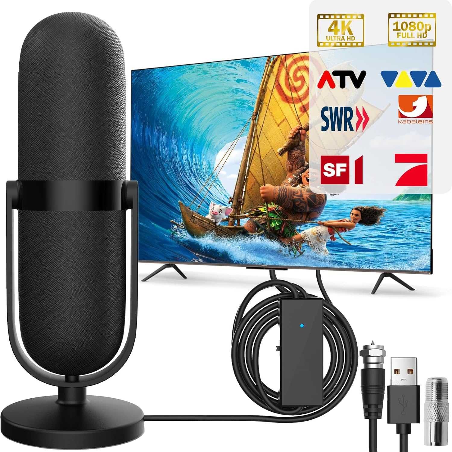 Yeerain antena DVB-T2 telewizyja naziemna kabel 5m czarna HEVC 4K USB