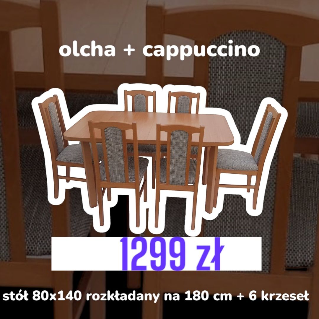 NOWE : Stół + 6 krzeseł,  OLCHA + CAPPUCCINO, dostawa cała PL