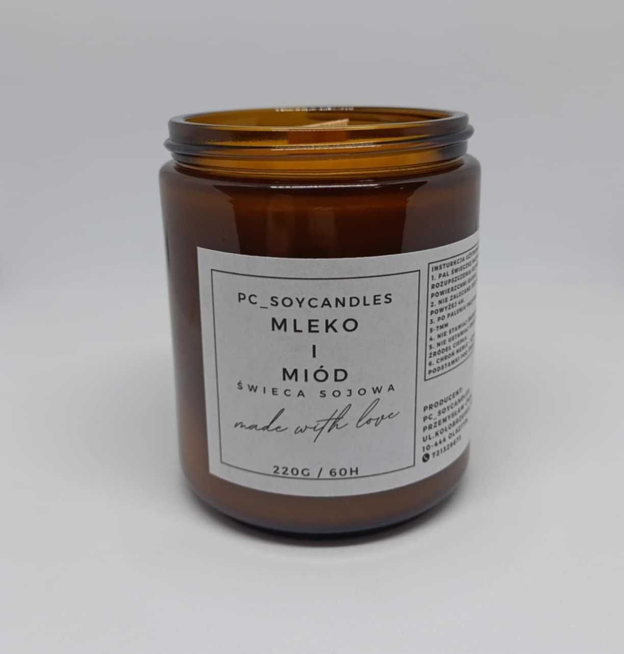 Świeca Sojowa Zapachowa Mleko i Miód 250ml 60h Drewniany Knot