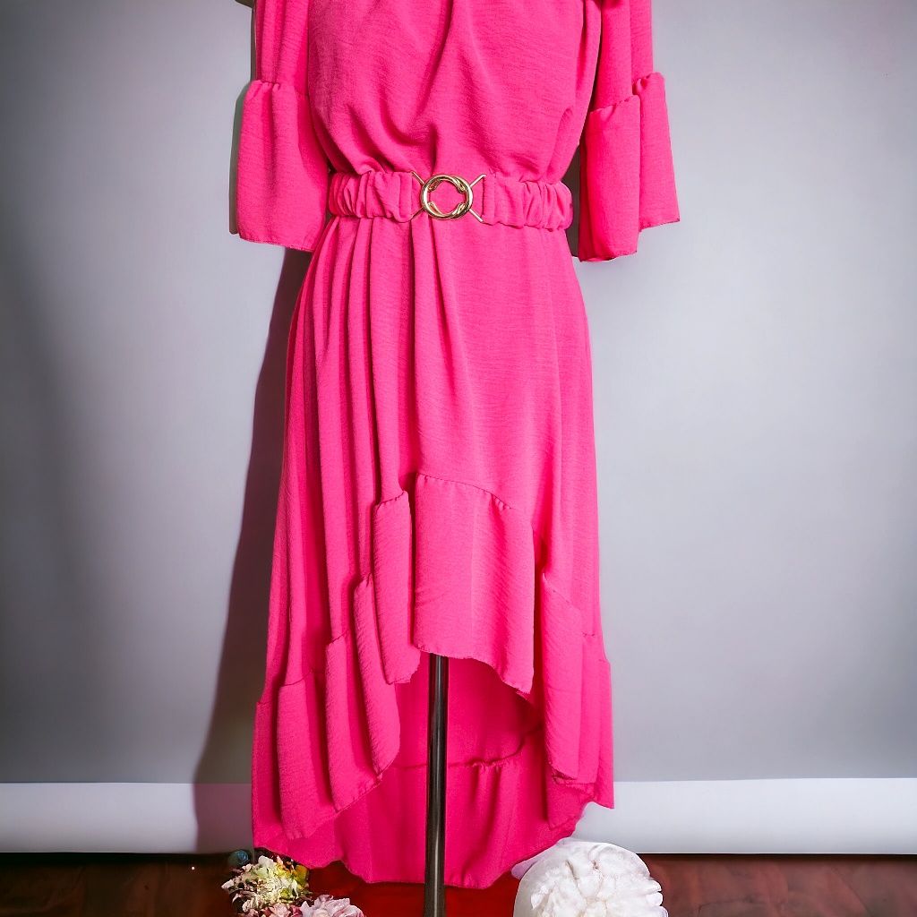 Sukienka,różowa, styl hiszpanki, asymetryczna z paskiem