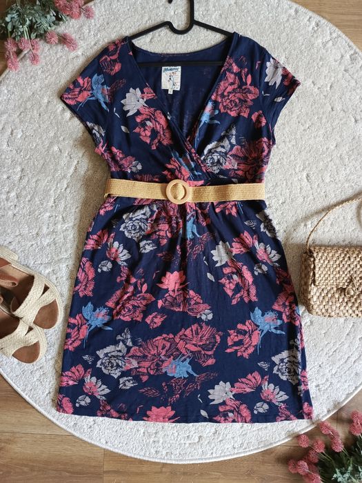 sukienka granatowa kwiaty bawełna kopertowa boho casual r 44 Mantaray