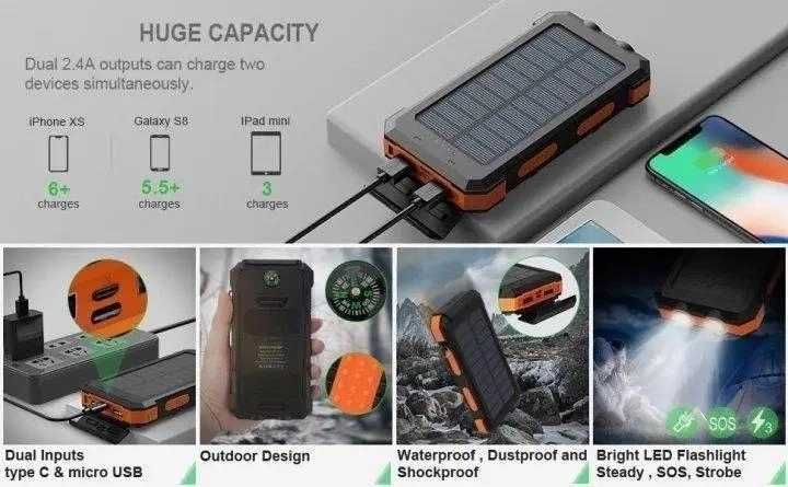 PowerBank з сонячною батареєю, ліхтариком 20000 мАч Solar Чорний