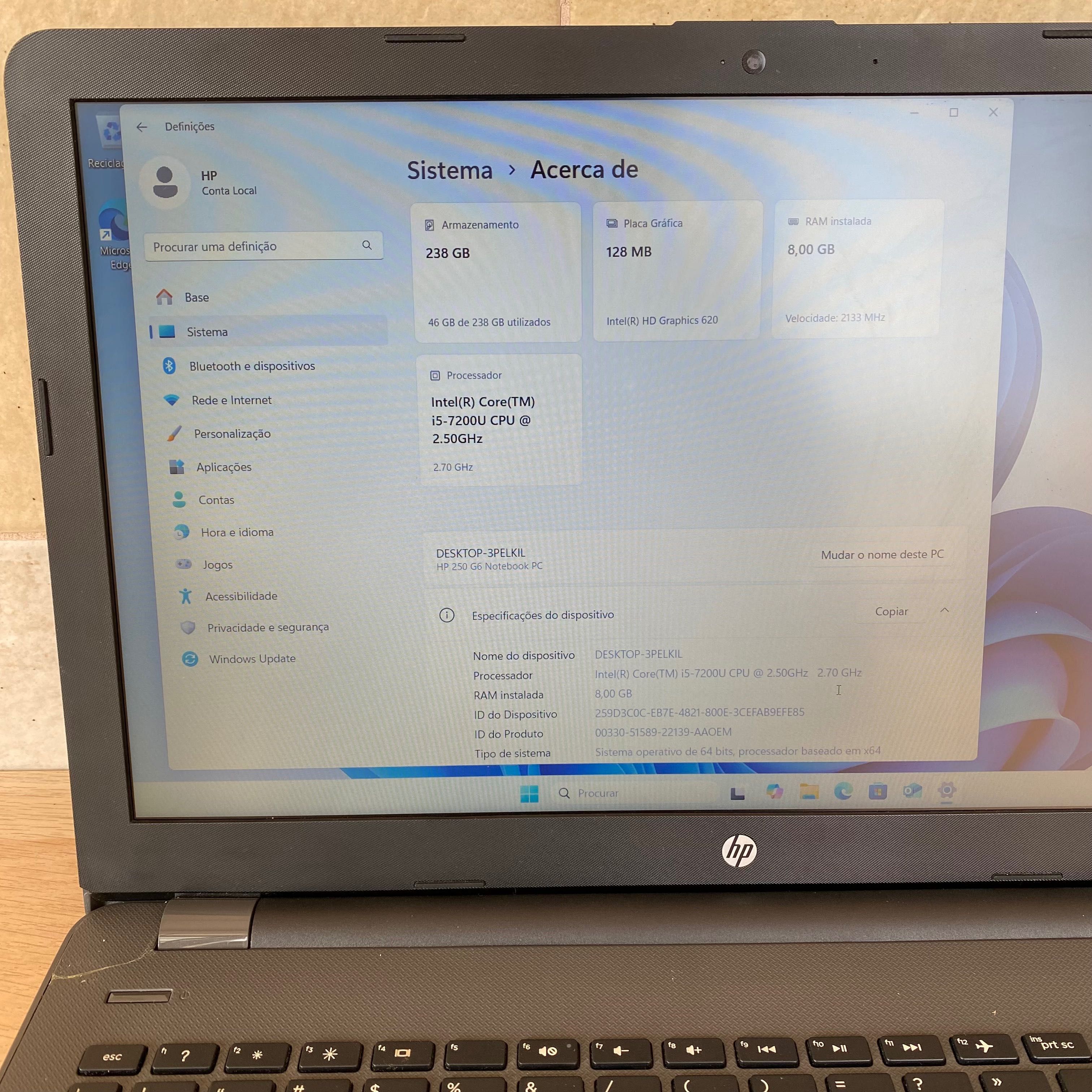 Computador portátil Notebook HP 250 G6 8/256gb SSD 15.6"FHD carregador