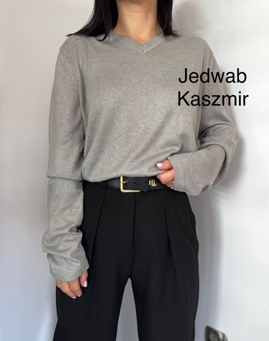 Kaszmirowy sweter z dekoltem w serek jedwabny 38 M