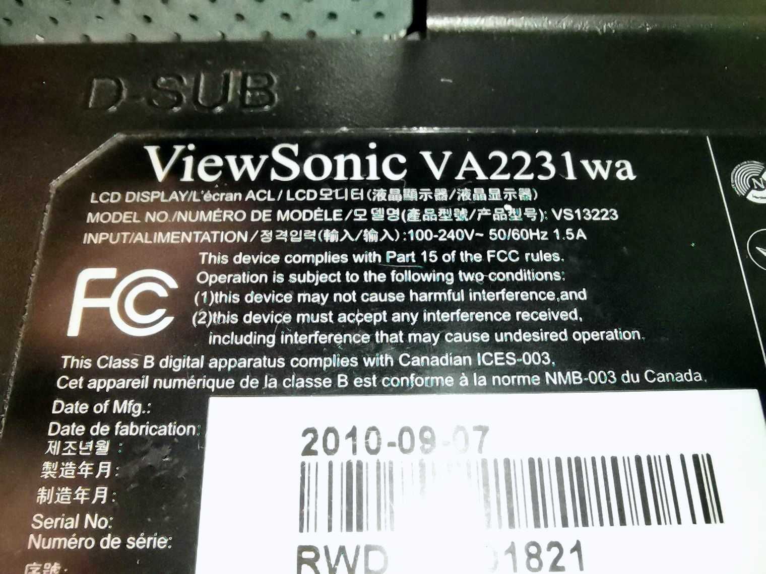Монитор ViewSonic VA2231wa 22дюйма под Ремонт требует Замена Подсветки