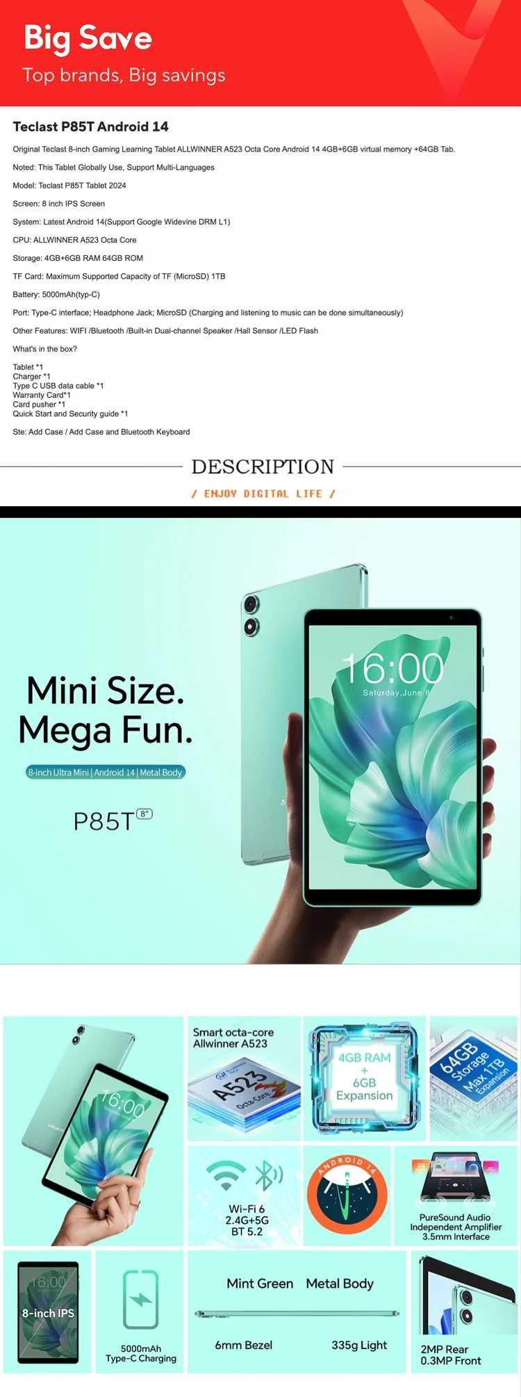 Tablet 8" Teclast P85T Allwinner A523 8-rdzeni 1,8GHz/10GB Android 14