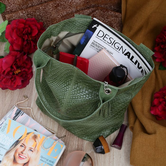 VERA PELLE torebka skórzana shopper przeplatana V521 oliwkowa