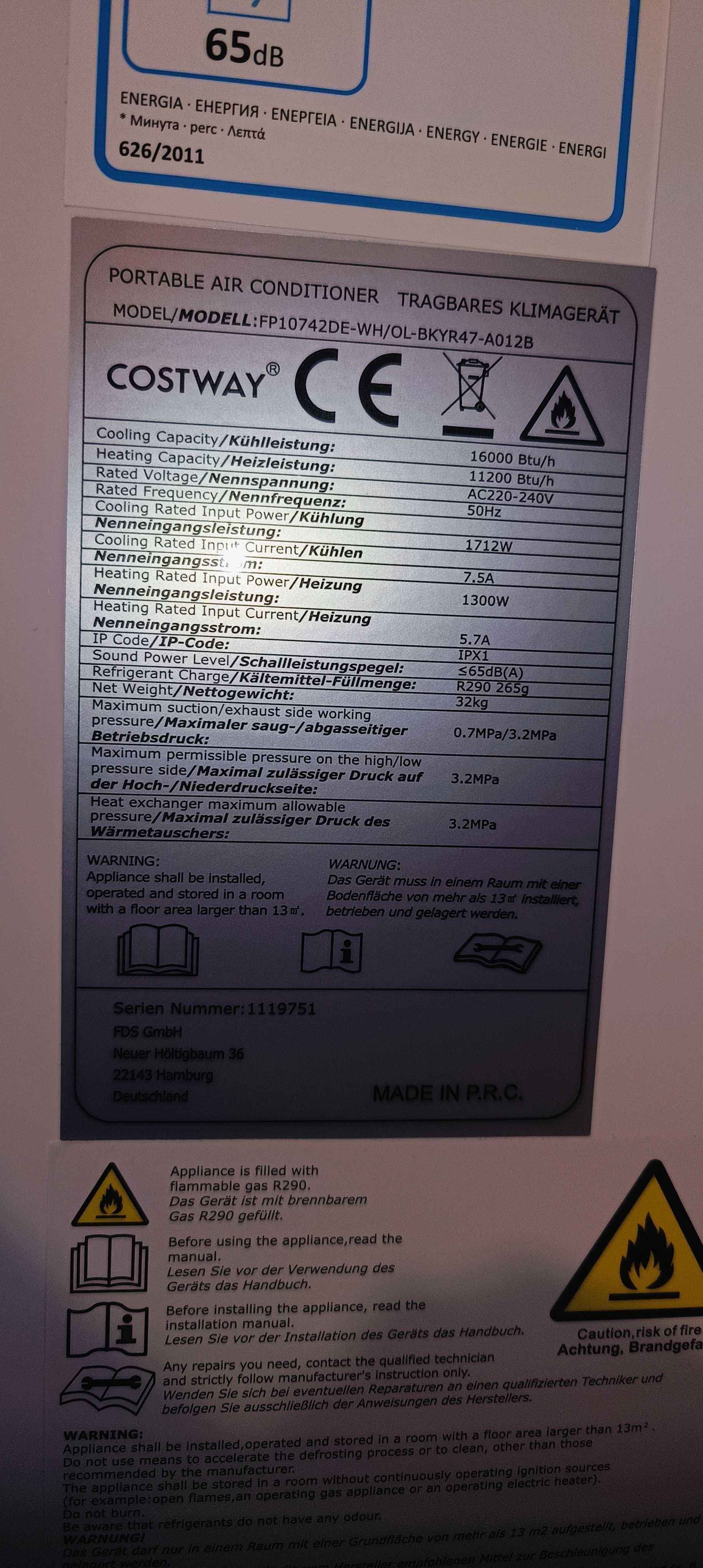 Klimatyzator przenośny COSTWAY grzanie, chłodzenie, osuszanie MOCNY