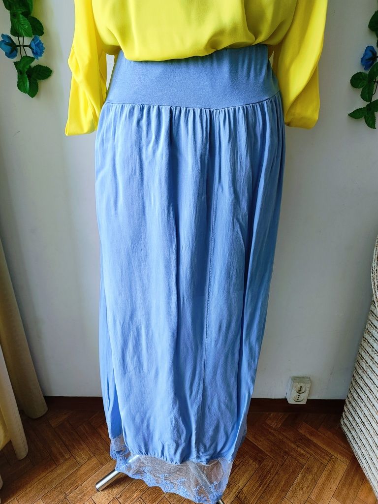 Boho maxi spódnica błękitna z koronką 100% wiskoza one size