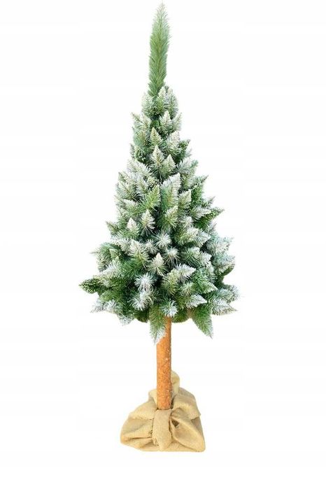 Sztuczna choinka na pniu nowa ośnieżona 180 cm podstawa z juta
