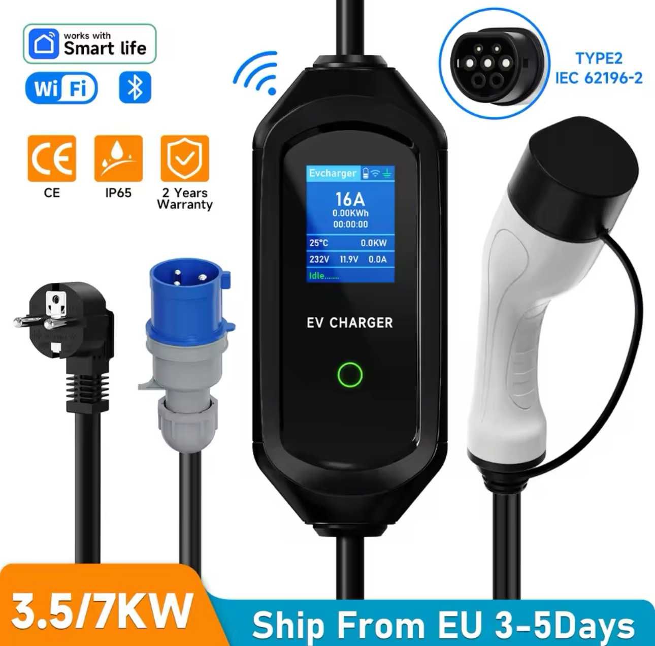 Carregador Portátil 7 kw - 32A - C/ APP - c/ Bolsa e Suporte Cabo