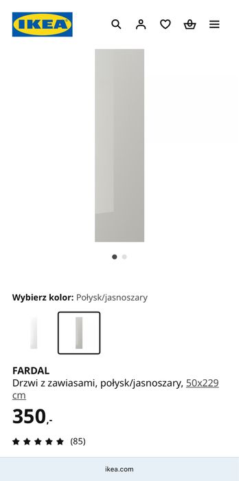 Drzwi do szafy IKEA PAX model FARDAL 5 sztuk połysk jasnoszary+zawiasy