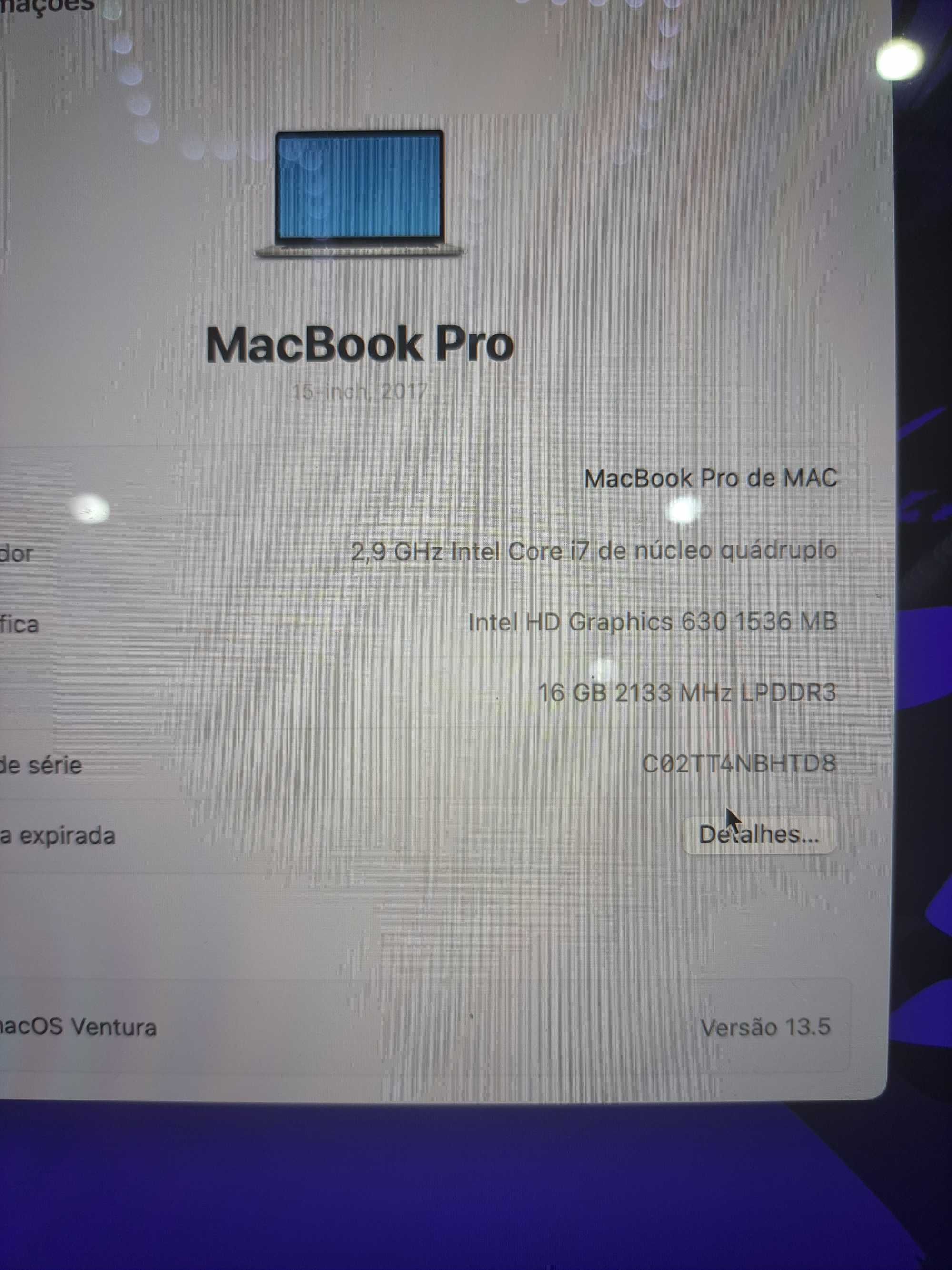 Vendo Macbook Pro 15,4" 500GB SSD 16GB ram, A1707