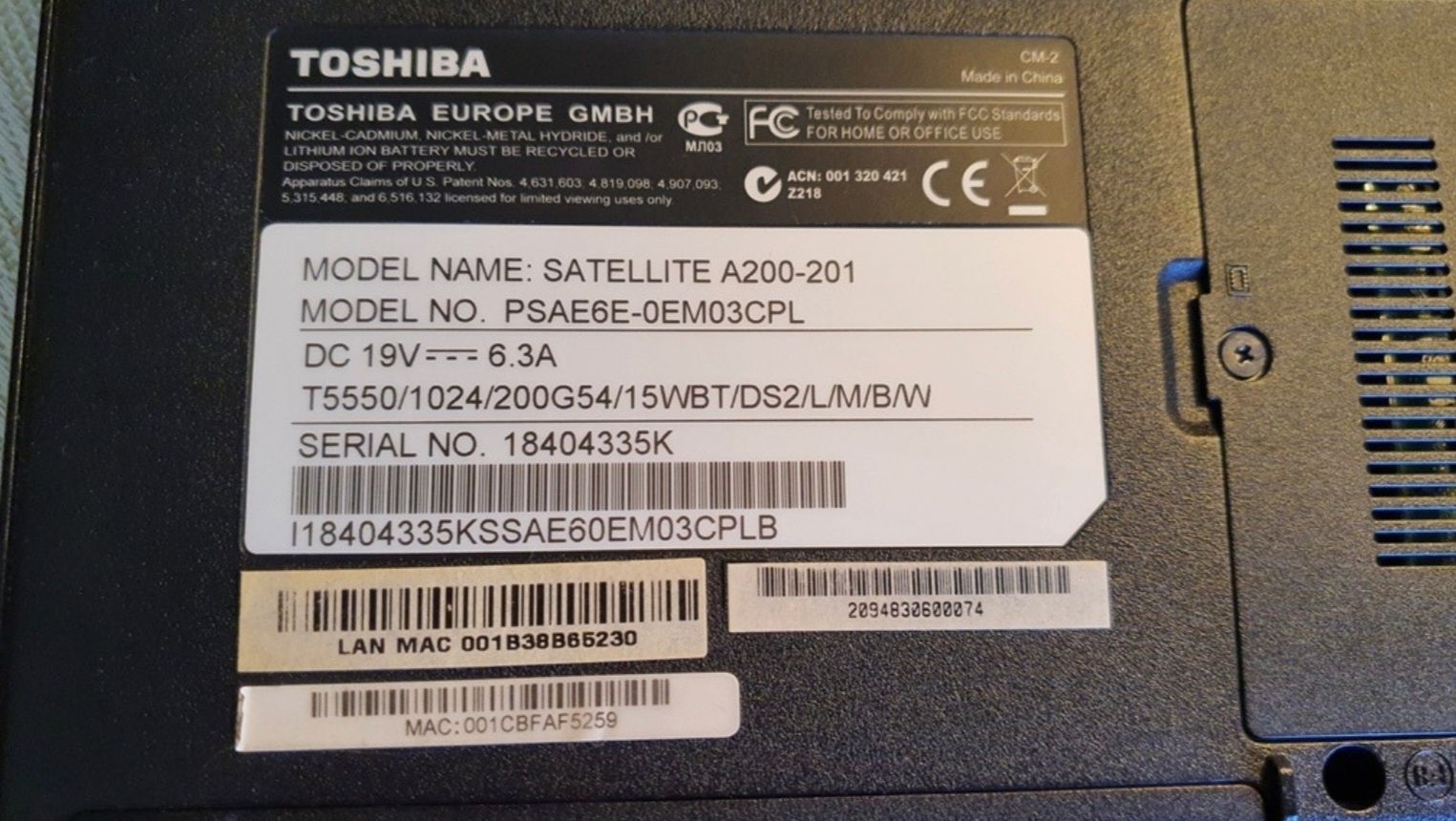 Laptop Toshiba Satellite A200